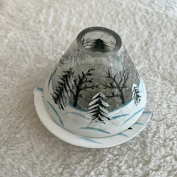 Yankee Candle Hand Painted Winter Scene Crackle Glass Candle Lamp Shade & Plate - Picture 4 of 4